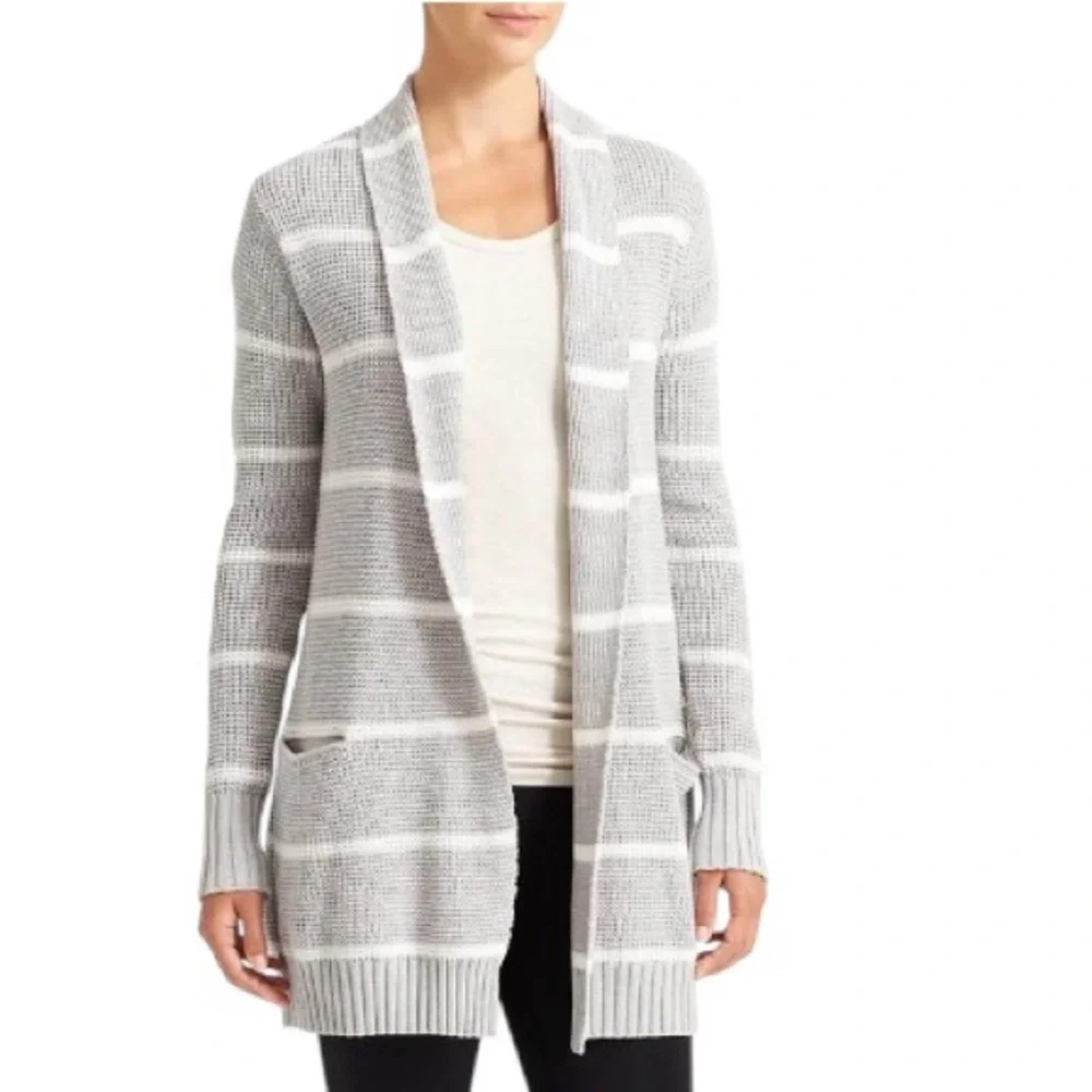 ATHLETA Highland Cotton Blend Light Grey White Striped Open Cardigan Size XXS